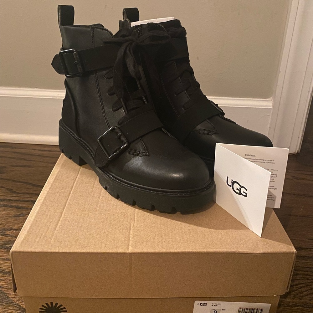 UGG Noe Black Leather Buckle Combat Boots